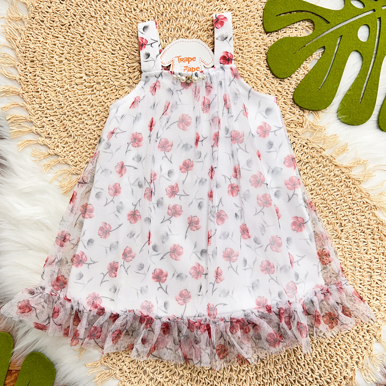 Vestido Alcinha com Tule Floral - Branco e Vermelho